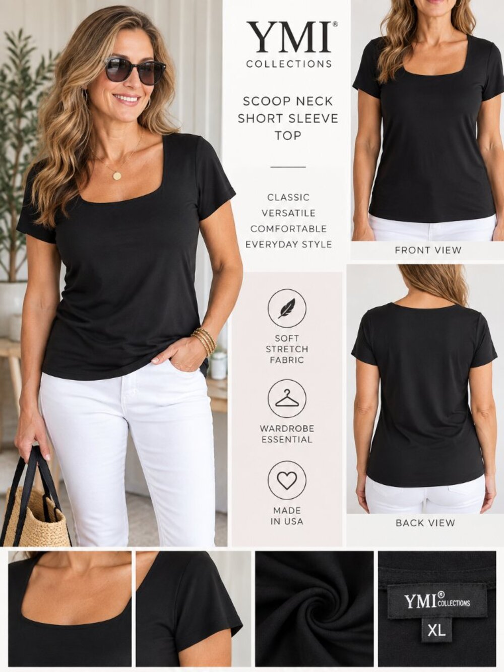 YMI Collections XL Black Short Sleeve Scoop Neck Top